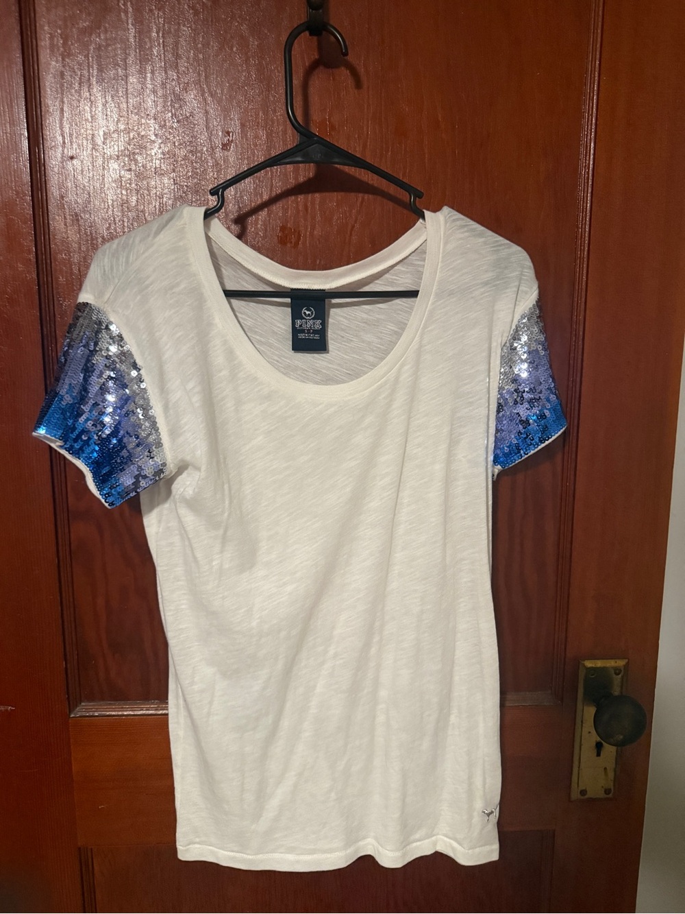 PINK Victoria's Secret White Tee with Blue Sequin Sleeves